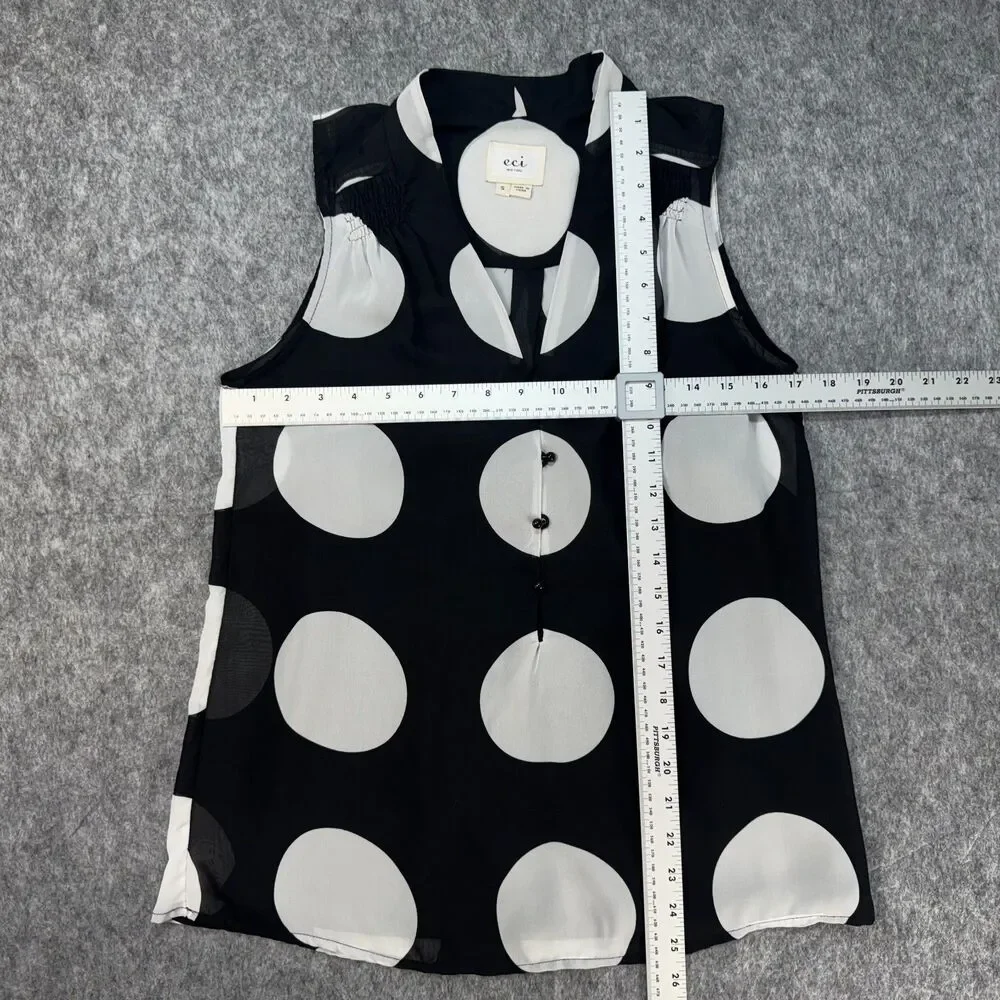 ECI Blouse Sz S Sheer Black White Large Polka Dot Front Buttons VNeck Sleeveless - Picture 6 of 9
